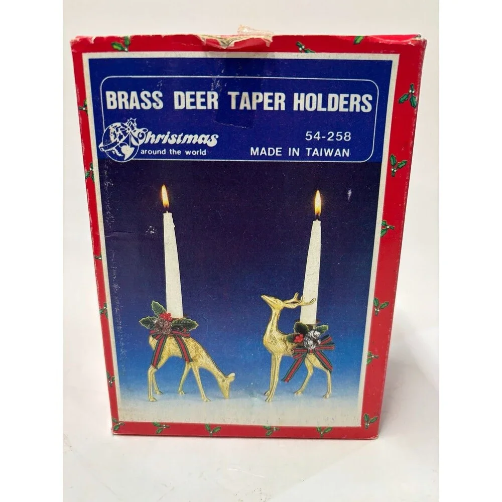 Vintage Brass Deer Taper Candle Holders Christmas Around the World Set of 2